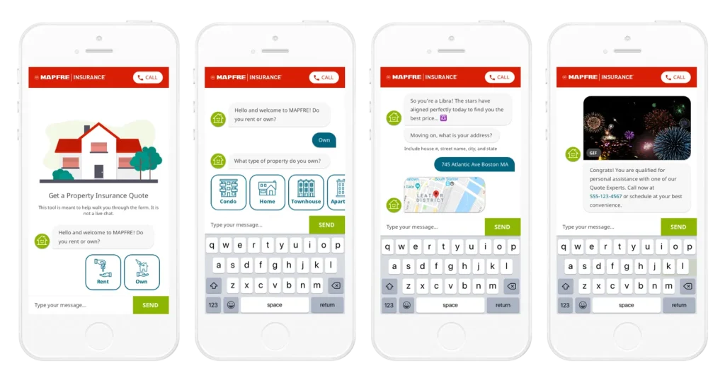 4 example screens from the MAPFRE property quote on a phone mockup