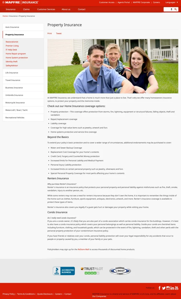 Screenshot showing the outdated UI of the MAPFRE property insurance page