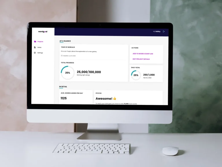 Wordgoal dashboard shown on a desktop monitor